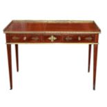 A 19TH CENTURY MAHOGANY AND BRASS INLAID WRITING TABLE The brass gallery top over three drawers,