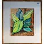 DONALD BALL, A 20TH CENTURY WATERCOLOUR Still life, depicting hosta leaves in an interior setting,