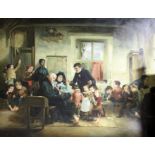AFTER THOMAS FAED, R.A.,1826 - 1900, A LARGE OVER PAINTED PRINT Interior scene with children, 'Visit