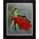 AN INTERESTING OIL LAID TO BOARD Matador fighting a bull, signed and framed. (59cm x 4.75cm) (