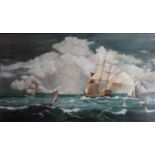 A 20TH CENTURY OIL ON CANVAS Marine scene, tall ships sailing on a rough sea, indistinctly signed