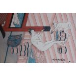 A PAIR OF 20TH CENTURY JAPANESE WOODBLOCK PRINTS Interior scenes of bathers, bearing label verso '