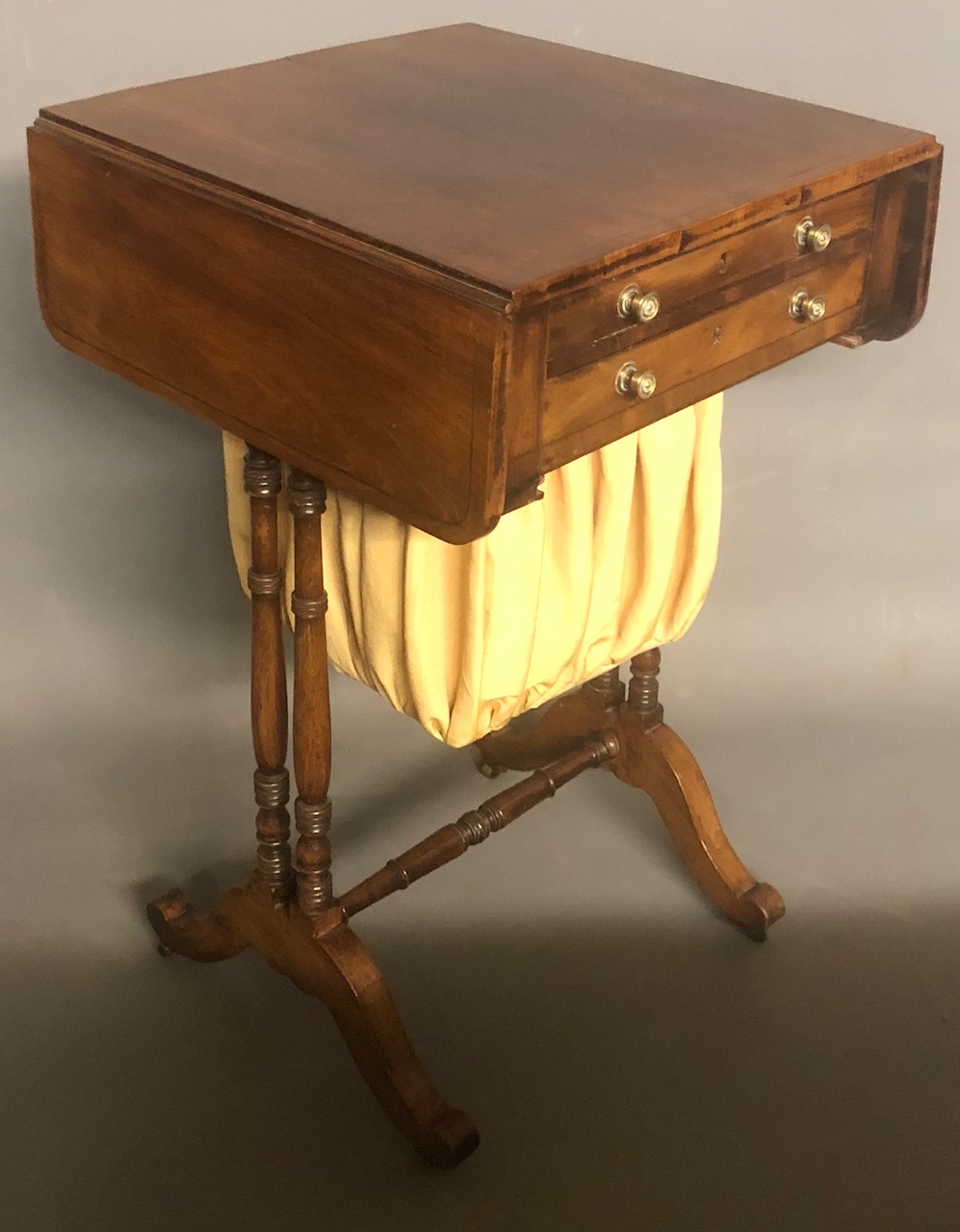 A 19TH CENTURY MAHOGANY WORK/SIDE TABLE With drop leaves above real and false drawers and fabric - Image 2 of 2