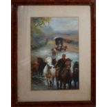 OIL ON CANVAS Study of travellers crossing a river, with horses and a caravan, contained in an
