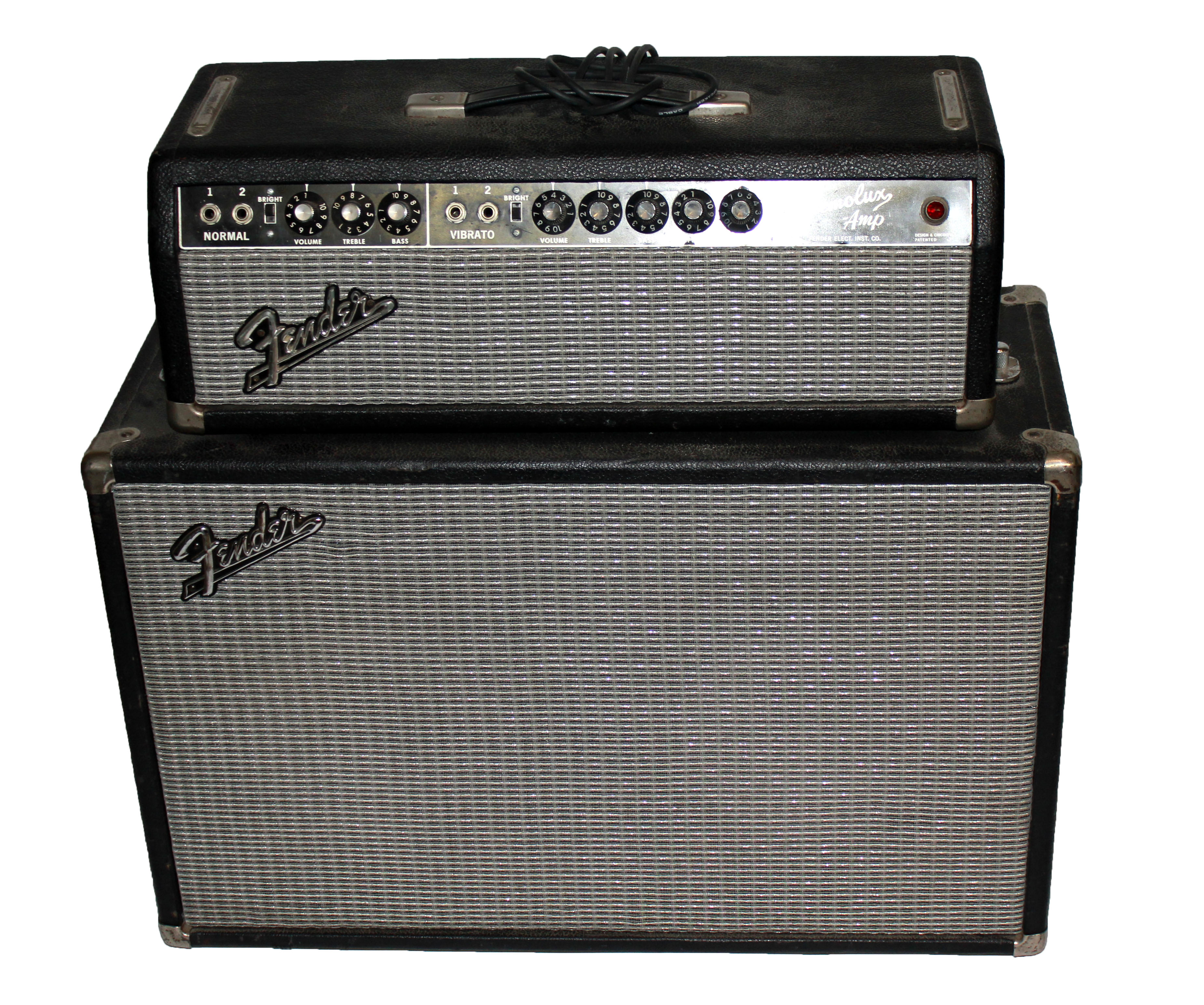 A FENDER 30 WATTS 2X10 TREMOLOLUX AMP, 1966 - 1967 Blackace piggyback combo with foot pedal.