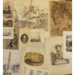 A FOLIO CONTAINING LARGE QUANTITY OF UNFRAMED ANTIQUE ENGRAVINGS, ETCHINGS, PRINTS AND DRAWINGS.