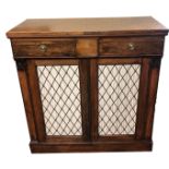 A 19TH CENTURY ROSEWOOD SIDE CABINET With two drawers above two brass grilled and silk lined doors,