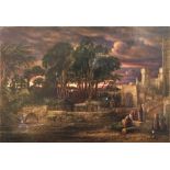 FOLLOWER OF NICOLAS POUSSIN, OIL ON CANVAS Landscape, procession in dramatic sunset with castle in