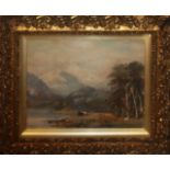 A 19TH CENTURY WATERCOLOUR Landscape, cows grazing by a lake, framed and glazed. (w 42cm x h 36cm)
