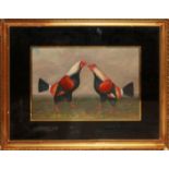 A GILT FRAMED OIL Study of two fighting cockerels, verre églomisé mounted.