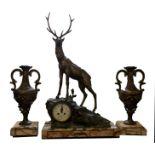 AN IMPRESSIVE LATE 19TH CENTURY FRENCH GILT METAL CLOCK AND GARNITURE Mounted with a figure of stag,