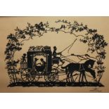 A 20TH CENTURY GERMAN SILHOUETTE PICTURE Landscape, a horse drawn carriage with a courting couple,