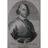 AN 18TH CENTURY BLACK AND WHITE ENGRAVING OF OLIVER CROMWELL Having an oval border, bearing