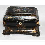 A VICTORIAN PAPIER MACHÉ AND MOTHER AND PEARL TEA CADDY Sarcophagus shape, inlaid with mother of