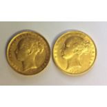 TWO VICTORIAN 22CT GOLD SOVEREIGN COINS One dated 1885 and 1865, having a portrait of young Queen