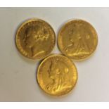 A COLLECTION OF THREE VICTORIAN 22CT GOLD SOVEREIGN COINS Dated 1876, 1899 and 1901, each having a