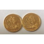 TWO VICTORIAN 22CT GOLD SOVEREIGN COINS Dated 1892 and having a portrait of Queen Victoria and