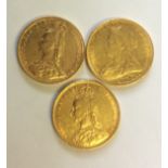 A COLLECTION OF THREE VICTORIAN 22CT GOLD SOVEREIGN COINS Dated 1887?, 1890 and 1893, each having