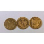 A COLLECTION OF THREE DANISH 22CT GOLD TEN KRONER COINS, DATED 1909, 1901 and 1874 Bearing the Royal