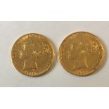 TWO VICTORIAN 22CT GOLD SOVEREIGN COINS, DATED 1853 AND 1869 Bearing a portrait of Queen Victoria