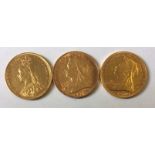 A COLLECTION OF THREE VICTORIAN 22CT GOLD SOVEREIGN COINS, DATED 1893, 1899 AND 1897 Each with a