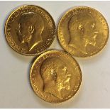 A COLLECTION OF THREE EARLY 20TH CENTURY 22CT GOLD SOVEREIGN COINS Dated 1903, 1909 and 1918.