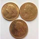 THREE VICTORIAN 22CT GOLD SOVEREIGN COINS Dated 1893,1895 and 1897, having a portrait of Queen