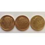 A COLLECTION OF THREE VICTORIAN 22CT GOLD SOVEREIGN COINS Consecutive dates 1883, 1884 and 1855,