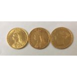 A COLLECTION OF THREE VICTORIAN 22CT GOLD HALF SOVEREIGN COINS, DATED 1876, 1892 AND 1887 Each