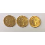 A COLLECTION OF THREE VICTORIAN 22CT GOLD SOVEREIGN COINS Consecutive dates 1869, 1870 and 1871,