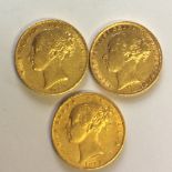 A COLLECTION OF THREE VICTORIAN 22CT GOLD SOVEREIGN COINS Dated 1854, 1862 and 1879, two shield back