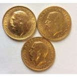 A COLLECTION OF THREE EARLY 20TH CENTURY 22CT GOLD SOVEREIGN COINS Dated 1925, 1927 and 1932, each