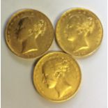 A COLLECTION OF THREE VICTORIAN 22CT GOLD SOVEREIGN COINS Dated 1838, 1842 and 1853, each having a