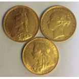 A COLLECTION OF THREE VICTORIAN 22CT GOLD SOVEREIGN COINS Date1883, 1889 and 1899, each having a