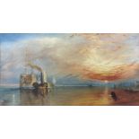 FOLLOWER OF J.M.W. TURNER, A 19TH CENTURY OIL ON CANVAS 'The Fighting Temeraire', unframed. (78cm
