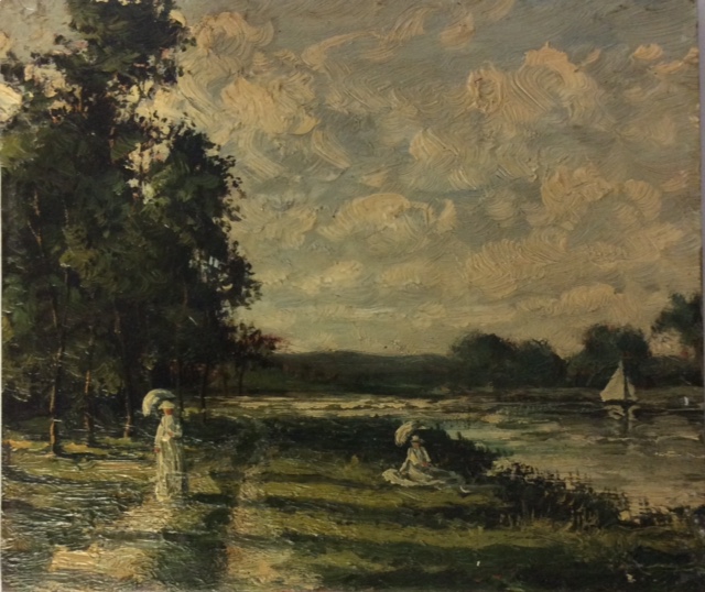 A 19TH CENTURY IMPRESSIONIST OIL ON PANEL Figures with parasols resting near a river, indistinctly