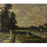 A 19TH CENTURY IMPRESSIONIST OIL ON PANEL Figures with parasols resting near a river, indistinctly