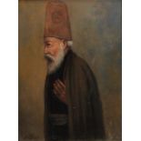 AN EARLY 20TH CENTURY OIL ON PANEL Portrait of an Persian elder wearing a tall hat, signed 'J.