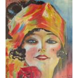 W. HIGGINS, AN ART DECO WATERCOLOUR Portrait depicting the image of a young woman wearing a