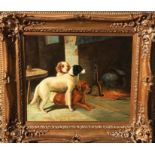 A VICTORIAN STYLE OIL ON CANVAS Three dogs in front of an open fire, in decorative gilt frame. (88cm