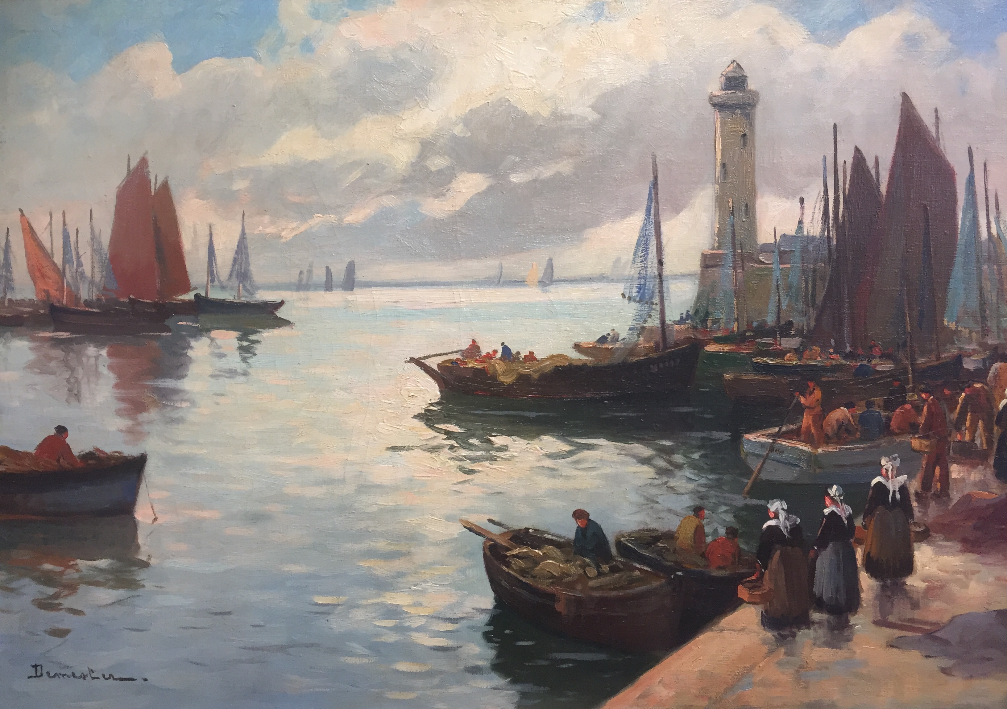 EUGENE DEMESTER, 1914, A 20TH CENTURY OIL ON CANVAS Harbour scene, illustrated with figures and