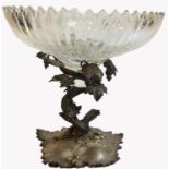 A VICTORIAN SILVER PLATE AND CUT GLASS CENTREPIECE BOWL The circular bowl cut with flutes and raised