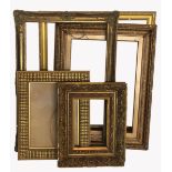A COLLECTION OF FIVE 19TH CENTURY AND LATER GILT FRAMES. (largest 73cm x 81cm)