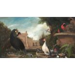 AN 18TH CENTURY STYLE EARLY 20TH CENTURY OIL ON CANVAS Exotic birds in a walled garden setting, in a