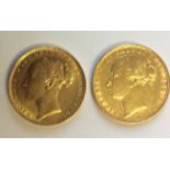 TWO VICTORIAN 22CT GOLD SOVEREIGN COINS Both dated 1880 and having George and dragon to reverse.