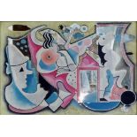 A 20TH CENTURY PAINTED MIRROR With abstract decoration and stylized clowns, contained in a painted