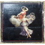 AN 18TH CENTURY OIL PAINTING ON PAPER LAID BOARD Showing classical figures of maidens holding floral