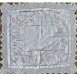A 20TH CENTURY LINEN AND LACE SHAWL Embroidered with various signatures. (130cm x 121cm)