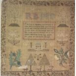AN EARLY 19TH CENTURY WOOLWORK TAPESTRY SAMPLER Hand sewn and applied with religious text surrounded