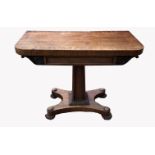 A REGENCY PERIOD MAHOGANY FOLD OVER CARD TABLE With baize surface, raised on a tapering square